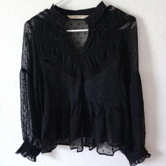 Zara Basic Women's dotted Sheer Blouse with Lace Black size Small - Picture 2 of 10